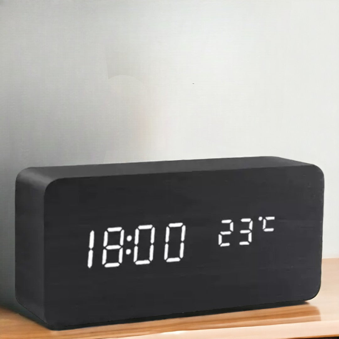 Wood-Style Digital Alarm Clock with LED Display & Voice Control – 3 Alarms, Adjustable Brightness & Temperature Display for Bedroom