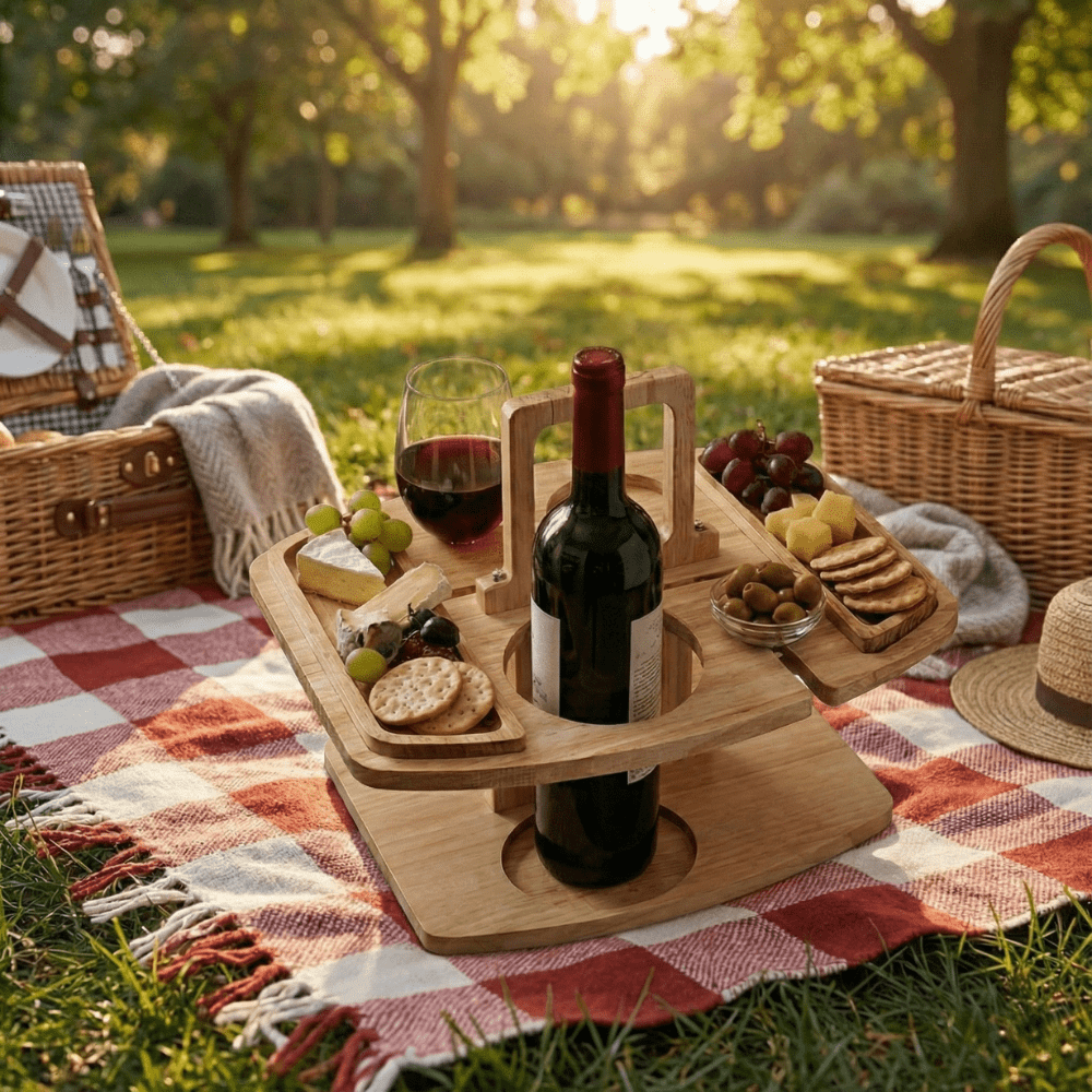 Portable Wooden Wine Serving Caddy with Glass Holders for Picnics, Patio & Balcony Entertaining