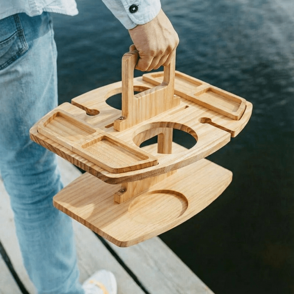 Portable Wooden Wine Serving Caddy with Glass Holders for Picnics, Patio & Balcony Entertaining