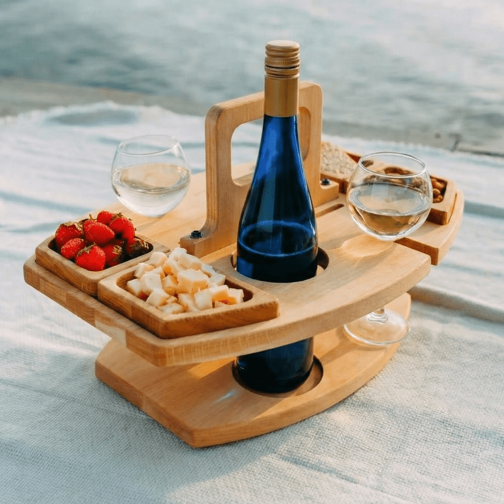 Portable Wooden Wine Serving Caddy with Glass Holders for Picnics, Patio & Balcony Entertaining