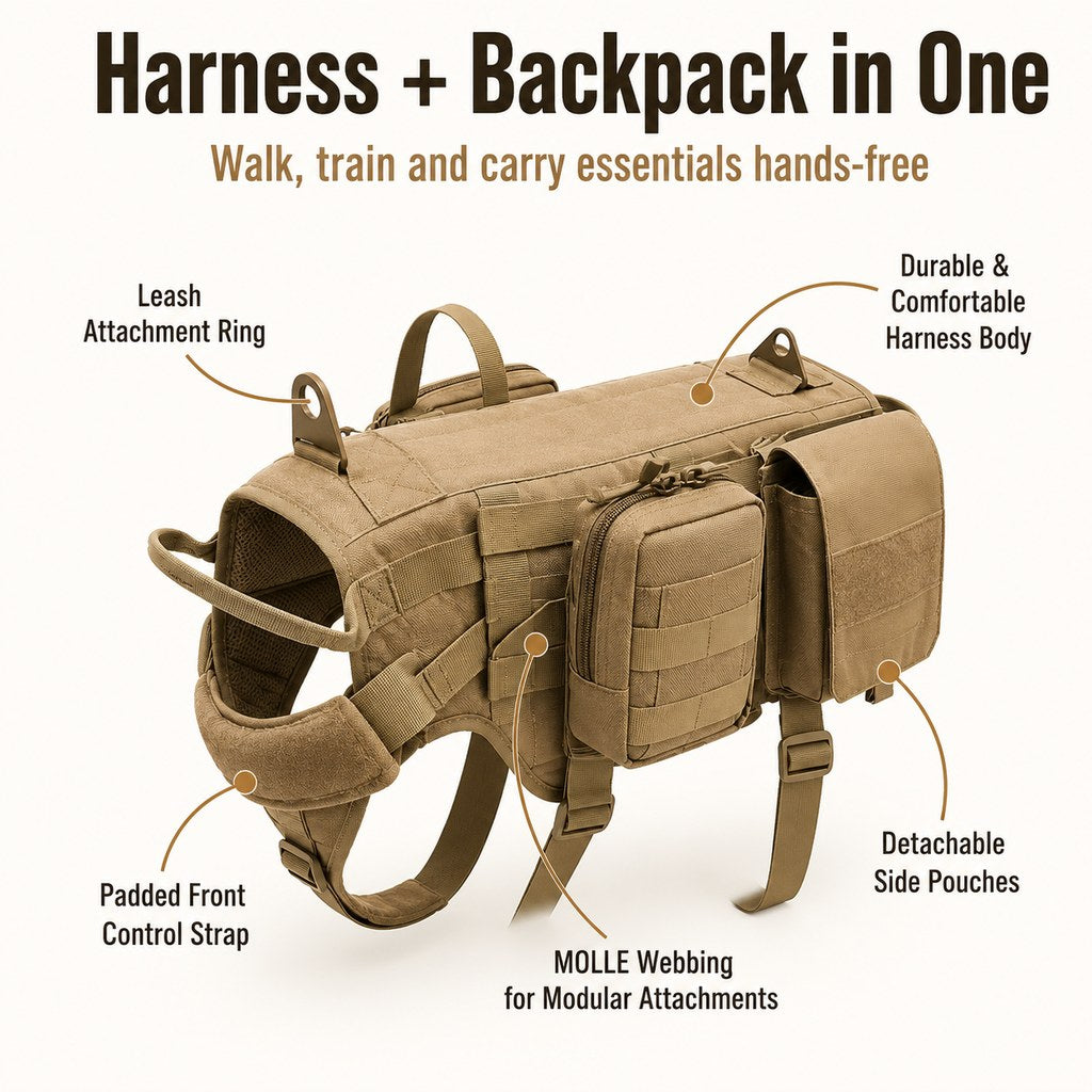 Ortekor Tactical Dog Backpack Harness for Hiking & Daily Walks - Detachable Pouches for Gear & Better Control