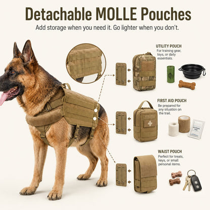 Ortekor Tactical Dog Backpack Harness for Hiking & Daily Walks - Detachable Pouches for Gear & Better Control