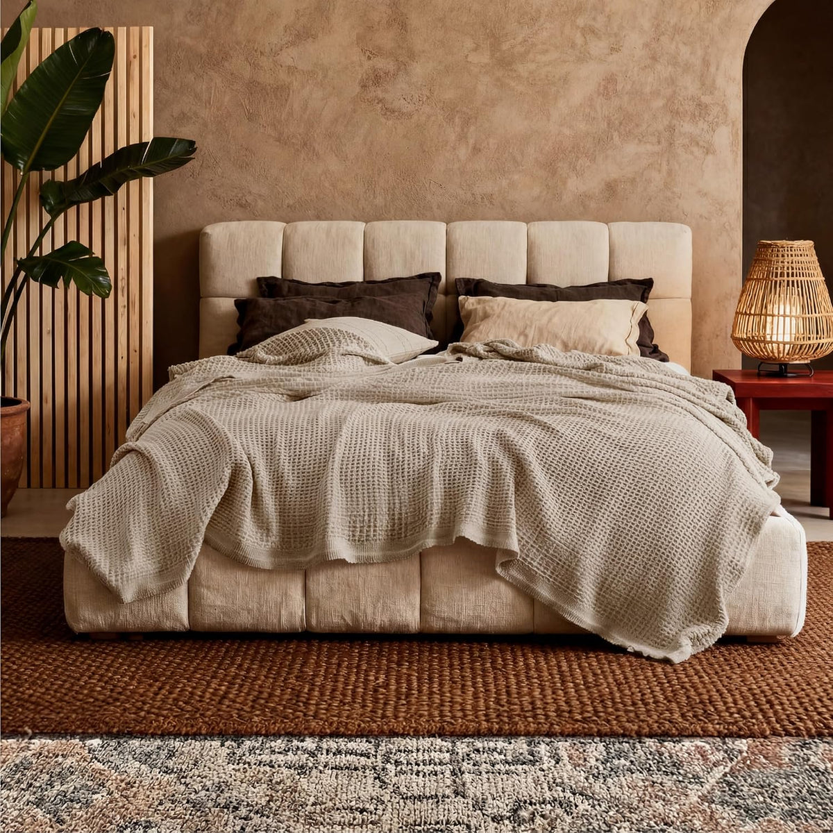 100% Cotton Waffle Weave Throw Blanket Queen King Breathable Lightweight Bed Cover for All Seasons Couch Sofa Bedroom Layering Textured
