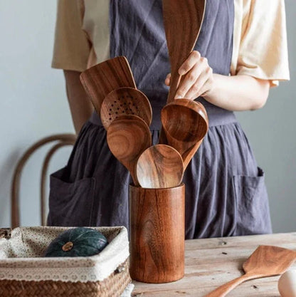 Countertop Utensil Crock Organizer Natural Teak Wood Kitchen Tool Caddy Holder for Cooking Spoons Spatulas Whisks