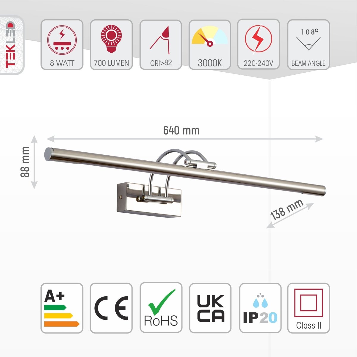 LED Picture Light Fixture 25 in Aluminum Artwork Display Bar for Paintings Frames Mirrors Warm White 8W Adjustable Accent Lighting for Galle