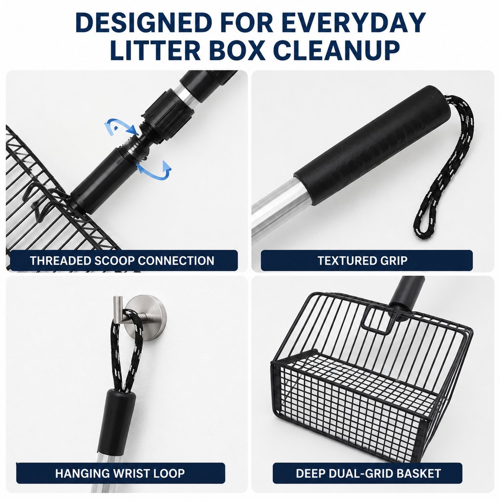 Ortekor Telescoping Cat Litter Scoop for Deep Litter Boxes – Long Handle Sifter for Less Bending