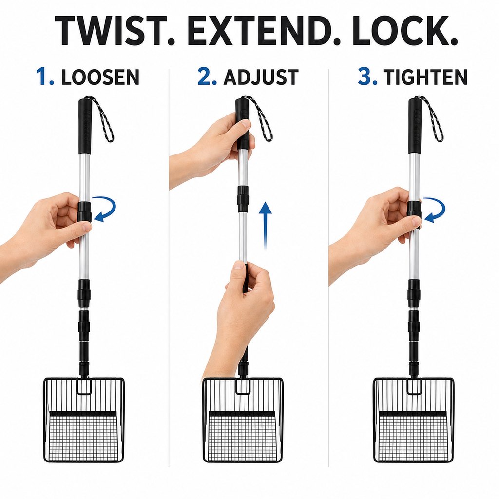 Ortekor Telescoping Cat Litter Scoop for Deep Litter Boxes – Long Handle Sifter for Less Bending