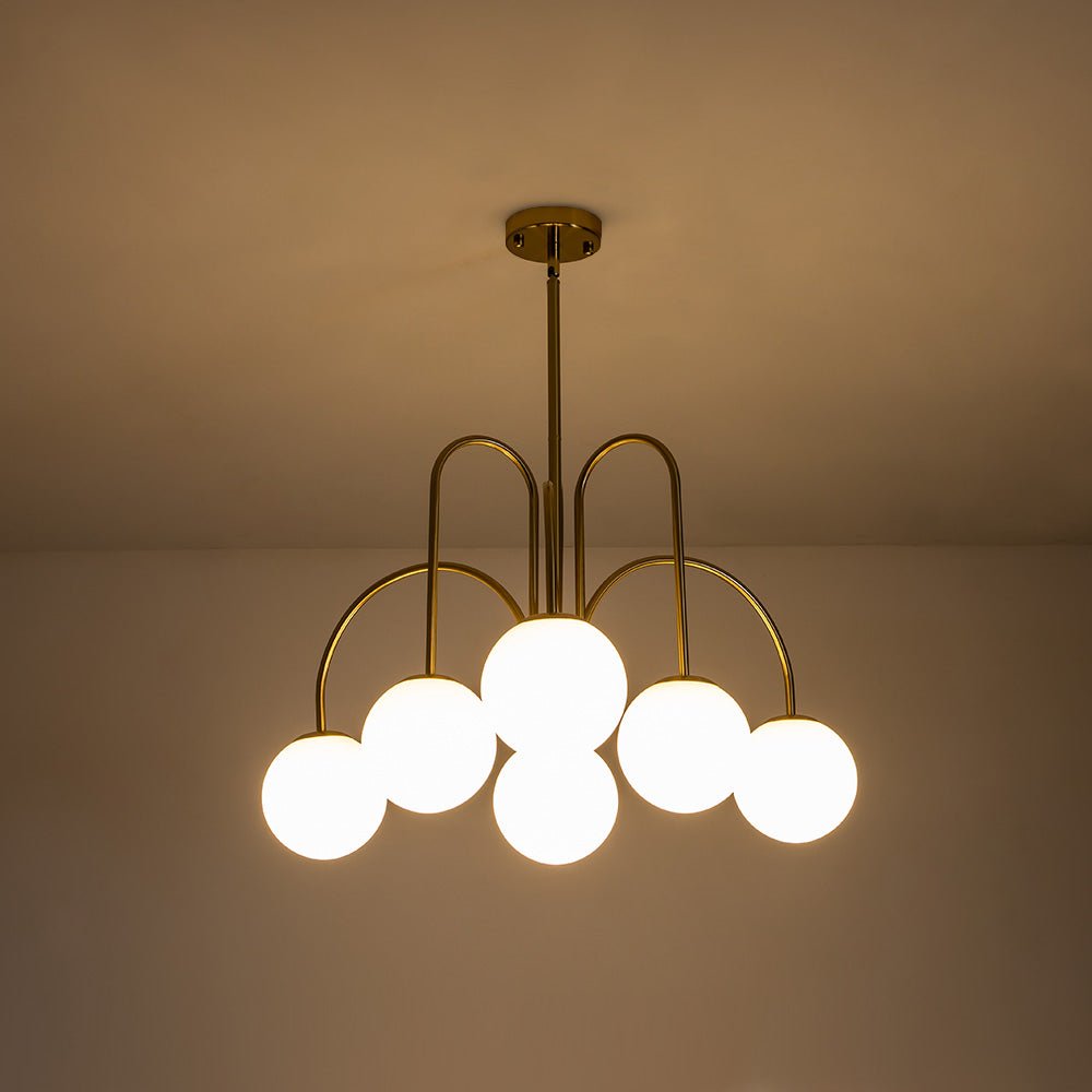 Ten-Globe Pendant Light with Frosted Glass Spheres & Curved Arms for Dining Rooms – Adjustable Height Fixture in Dual-Tone Metallic Finish,