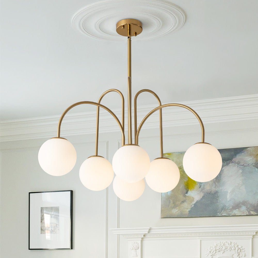 Ten-Globe Pendant Light with Frosted Glass Spheres & Curved Arms for Dining Rooms – Adjustable Height Fixture in Dual-Tone Metallic Finish,