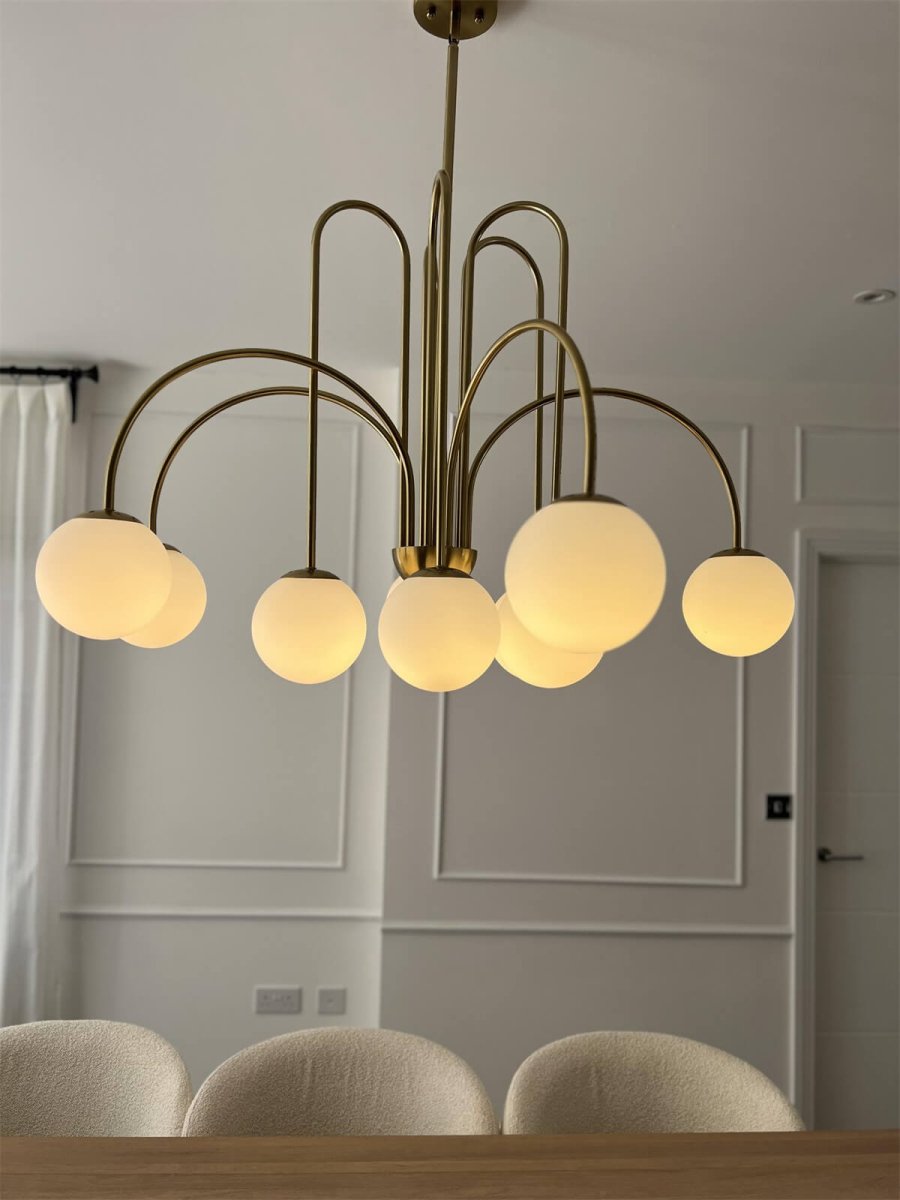 Ten-Globe Pendant Light with Frosted Glass Spheres & Curved Arms for Dining Rooms – Adjustable Height Fixture in Dual-Tone Metallic Finish,