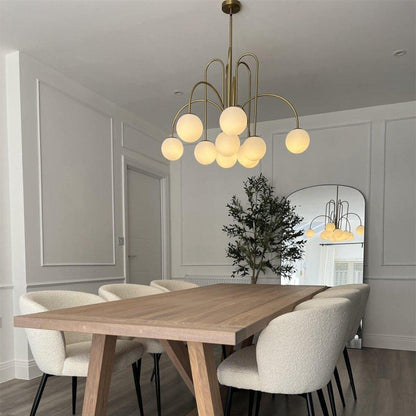 Ten-Globe Pendant Light with Frosted Glass Spheres & Curved Arms for Dining Rooms – Adjustable Height Fixture in Dual-Tone Metallic Finish,