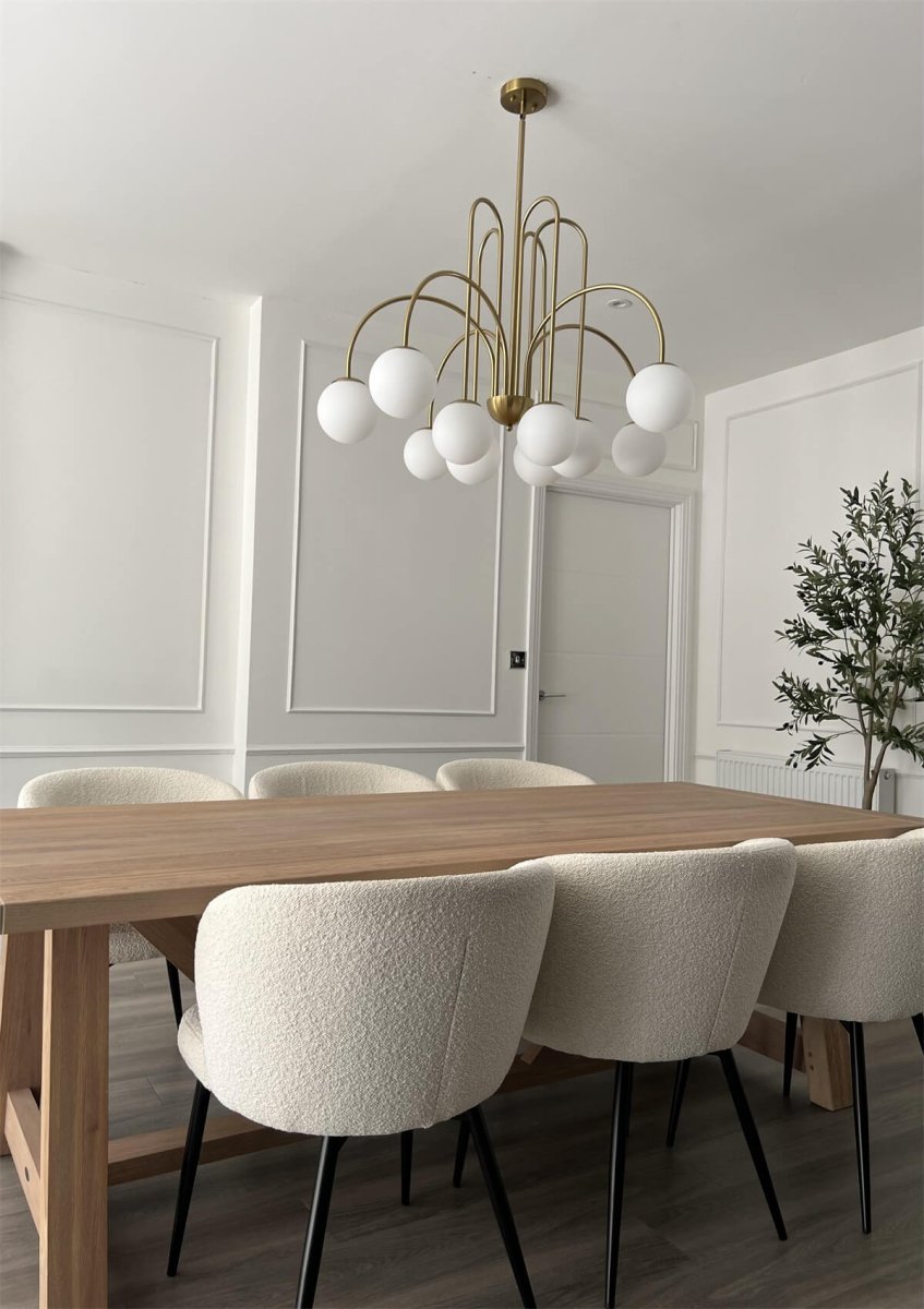 Ten-Globe Pendant Light with Frosted Glass Spheres & Curved Arms for Dining Rooms – Adjustable Height Fixture in Dual-Tone Metallic Finish,