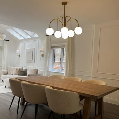 Ten-Globe Pendant Light with Frosted Glass Spheres & Curved Arms for Dining Rooms – Adjustable Height Fixture in Dual-Tone Metallic Finish,