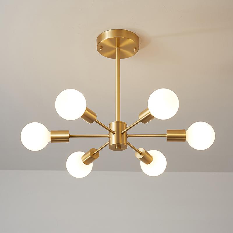 Six-Arm Brass Sputnik Chandelier 17 in Wide Mid-Century Pendant Light for Dining Room Living Room Hardwired Ceiling Fixture Dimmable Modern