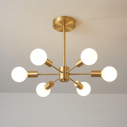 Six-Arm Brass Sputnik Chandelier 17 in Wide Mid-Century Pendant Light for Dining Room Living Room Hardwired Ceiling Fixture Dimmable Modern