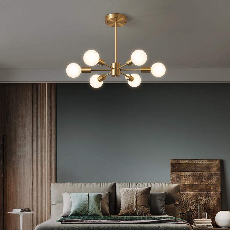 Six-Arm Brass Sputnik Chandelier 17 in Wide Mid-Century Pendant Light for Dining Room Living Room Hardwired Ceiling Fixture Dimmable Modern