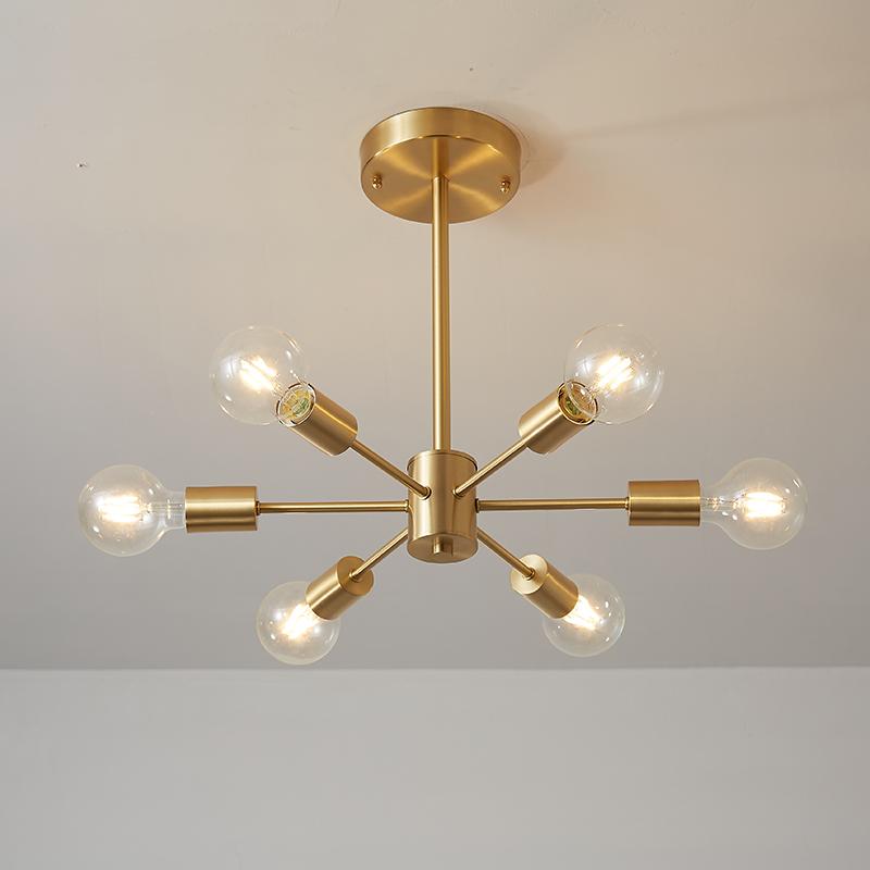 Six-Arm Brass Sputnik Chandelier 17 in Wide Mid-Century Pendant Light for Dining Room Living Room Hardwired Ceiling Fixture Dimmable Modern