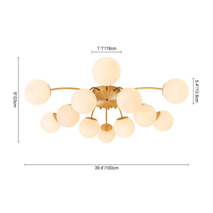 12-Light Semi-Flush Ceiling Fixture Brass Finish Opal Globe Shades 39-Inch Width Dimmable Chandelier for Dining Room Living Room Entryway Mo