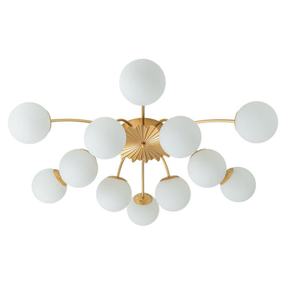 12-Light Semi-Flush Ceiling Fixture Brass Finish Opal Globe Shades 39-Inch Width Dimmable Chandelier for Dining Room Living Room Entryway Mo