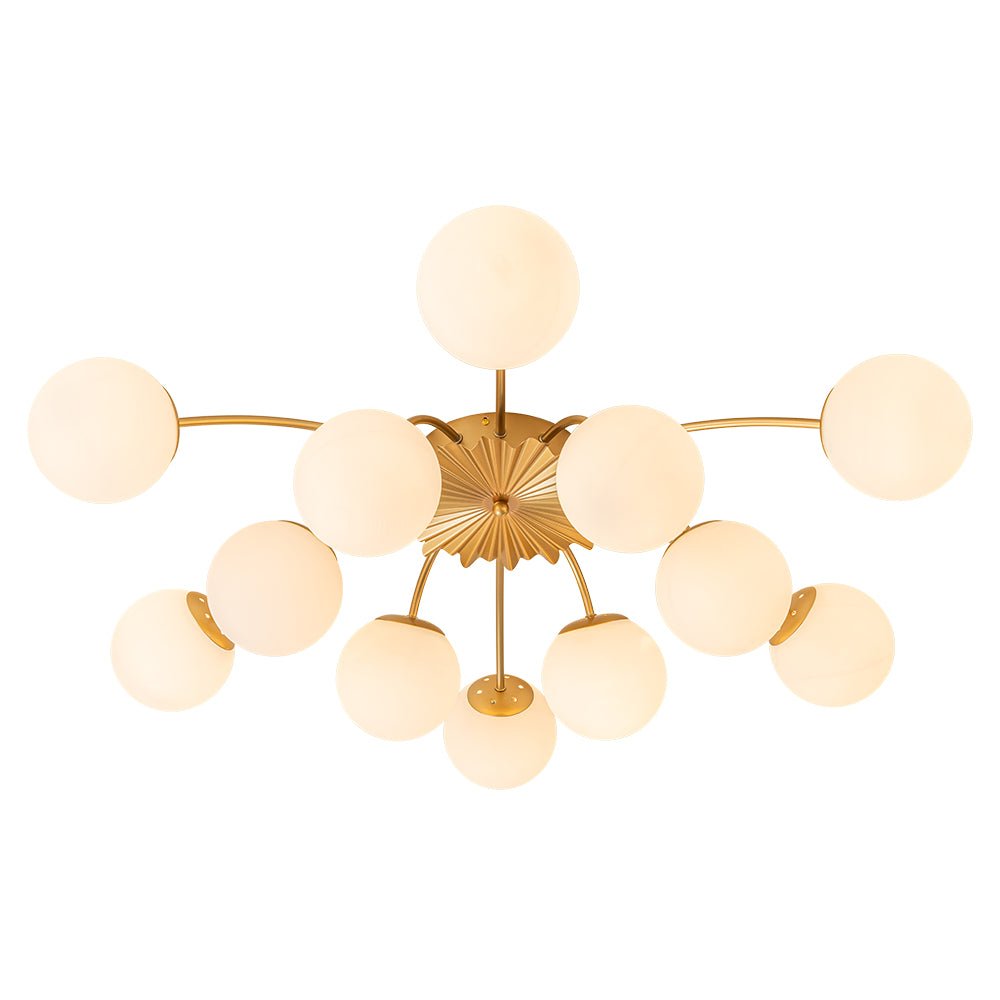 12-Light Semi-Flush Ceiling Fixture Brass Finish Opal Globe Shades 39-Inch Width Dimmable Chandelier for Dining Room Living Room Entryway Mo