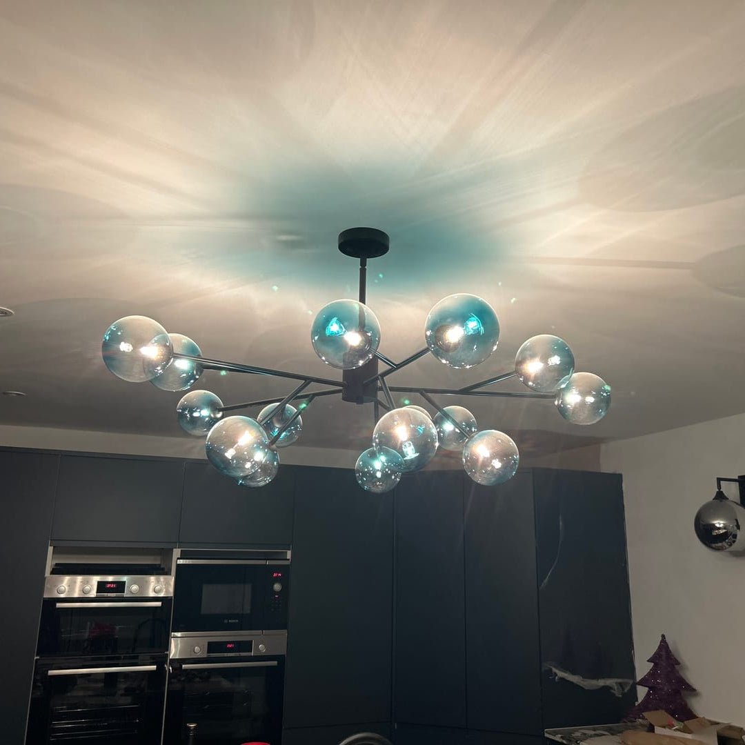 Dimmable Glass Globe Pendant Light 44 in Wide 15-Bulb Branch Fixture Black Gold Frame Azure Blue Orbs for Dining Room Great Room Kitchen Isl