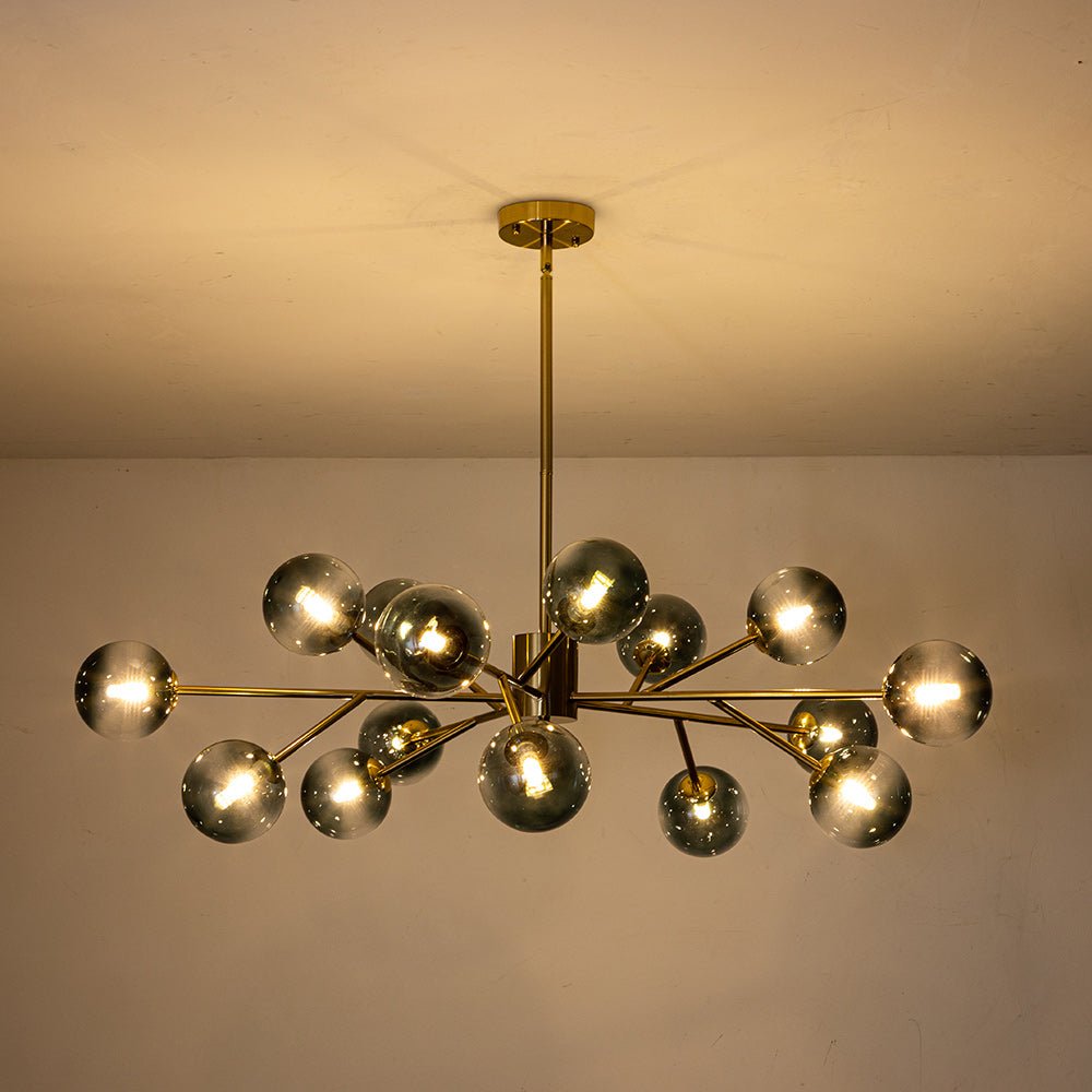 Dimmable Glass Globe Pendant Light 44 in Wide 15-Bulb Branch Fixture Black Gold Frame Azure Blue Orbs for Dining Room Great Room Kitchen Isl