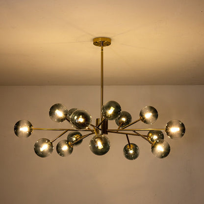 Dimmable Glass Globe Pendant Light 44 in Wide 15-Bulb Branch Fixture Black Gold Frame Azure Blue Orbs for Dining Room Great Room Kitchen Isl
