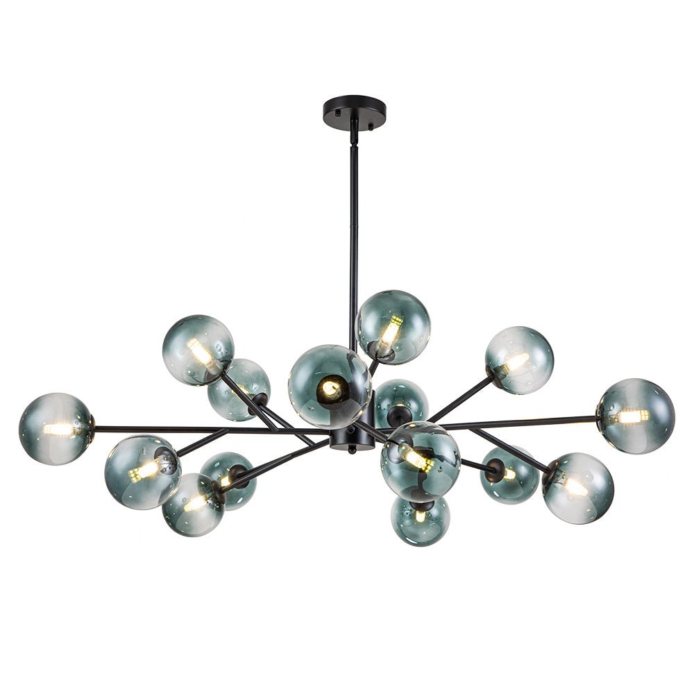 Dimmable Glass Globe Pendant Light 44 in Wide 15-Bulb Branch Fixture Black Gold Frame Azure Blue Orbs for Dining Room Great Room Kitchen Isl