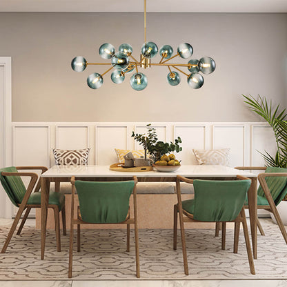 Dimmable Glass Globe Pendant Light 44 in Wide 15-Bulb Branch Fixture Black Gold Frame Azure Blue Orbs for Dining Room Great Room Kitchen Isl