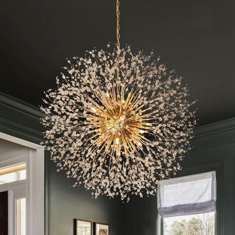 39-Inch Starburst Pendant Fixture 20-Light Acrylic Crystal Metal Frame Dining Room Entryway Brass Chrome Adjustable Chain Ceiling Light G9 L