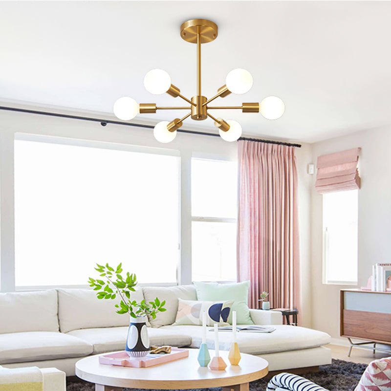 Six-Arm Brass Sputnik Chandelier 17 in Wide Mid-Century Pendant Light for Dining Room Living Room Hardwired Ceiling Fixture Dimmable Modern