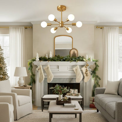Six-Arm Brass Sputnik Chandelier 17 in Wide Mid-Century Pendant Light for Dining Room Living Room Hardwired Ceiling Fixture Dimmable Modern