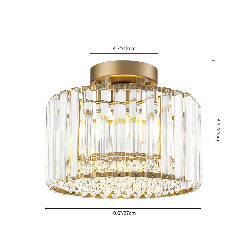 Flush Mount Crystal Fixture with Brass Tone – Dimmable Overhead Light for Entryways, Compact Rooms & Hallways – 10.6 in × 8.3 in Drum Design