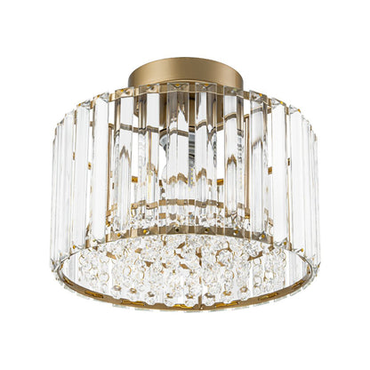Flush Mount Crystal Fixture with Brass Tone – Dimmable Overhead Light for Entryways, Compact Rooms & Hallways – 10.6 in × 8.3 in Drum Design
