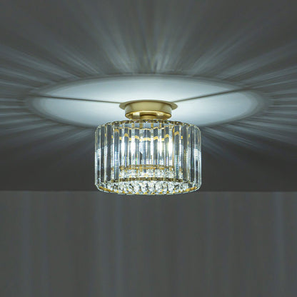 Flush Mount Crystal Fixture with Brass Tone – Dimmable Overhead Light for Entryways, Compact Rooms & Hallways – 10.6 in × 8.3 in Drum Design
