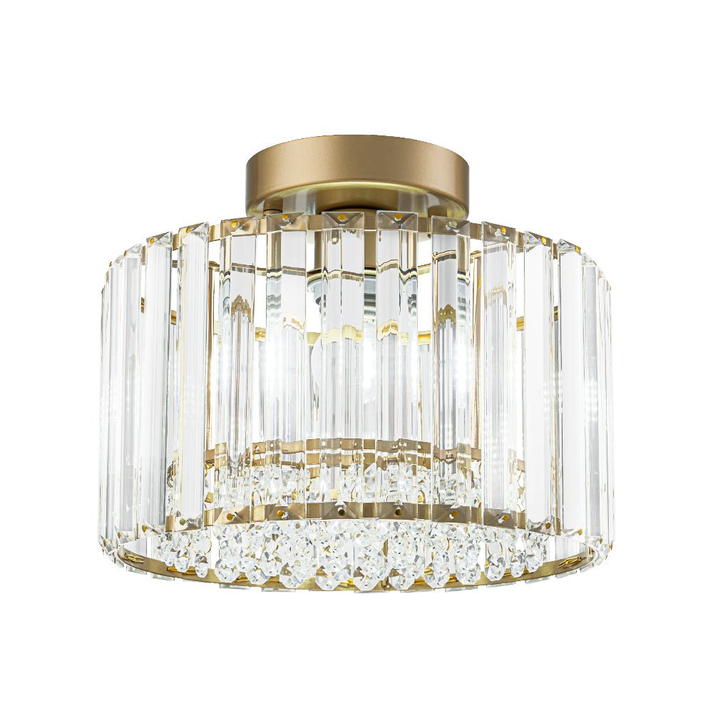 Flush Mount Crystal Fixture with Brass Tone – Dimmable Overhead Light for Entryways, Compact Rooms & Hallways – 10.6 in × 8.3 in Drum Design
