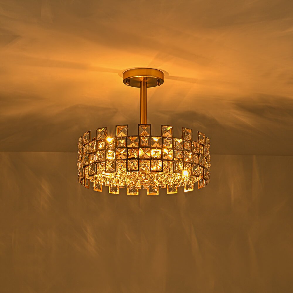 Semi-Flush Crystal Drum Light 15 Inch Dimmable Chrome Brass Metal Glass for Bedroom Living Room Dining Room Hallway Entry Foyer Modern Glam