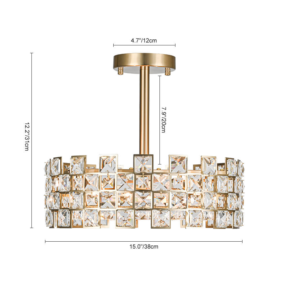 Semi-Flush Crystal Drum Light 15 Inch Dimmable Chrome Brass Metal Glass for Bedroom Living Room Dining Room Hallway Entry Foyer Modern Glam