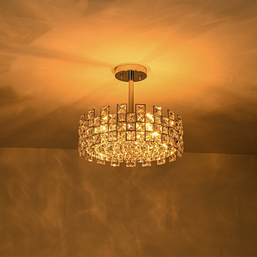 Semi-Flush Crystal Drum Light 15 Inch Dimmable Chrome Brass Metal Glass for Bedroom Living Room Dining Room Hallway Entry Foyer Modern Glam