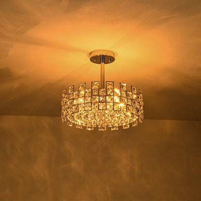 Semi-Flush Crystal Drum Light 15 Inch Dimmable Chrome Brass Metal Glass for Bedroom Living Room Dining Room Hallway Entry Foyer Modern Glam
