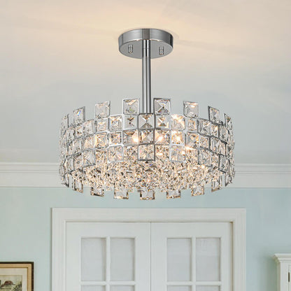 Semi-Flush Crystal Drum Light 15 Inch Dimmable Chrome Brass Metal Glass for Bedroom Living Room Dining Room Hallway Entry Foyer Modern Glam