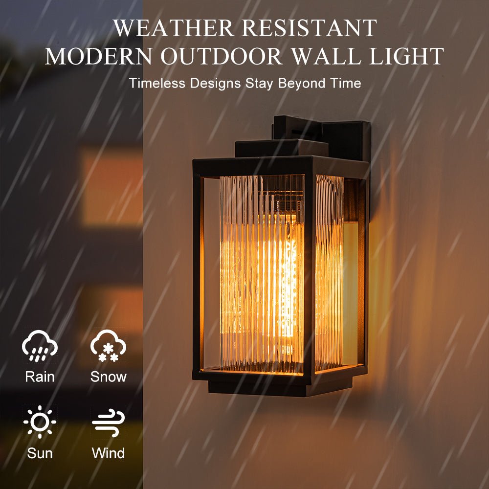 Outdoor Sconce Fixture 13 in Height Black Finish Entry Lighting E27 Socket Weather-Rated Ribbed Glass Panels for Porch Exterior Home Garage