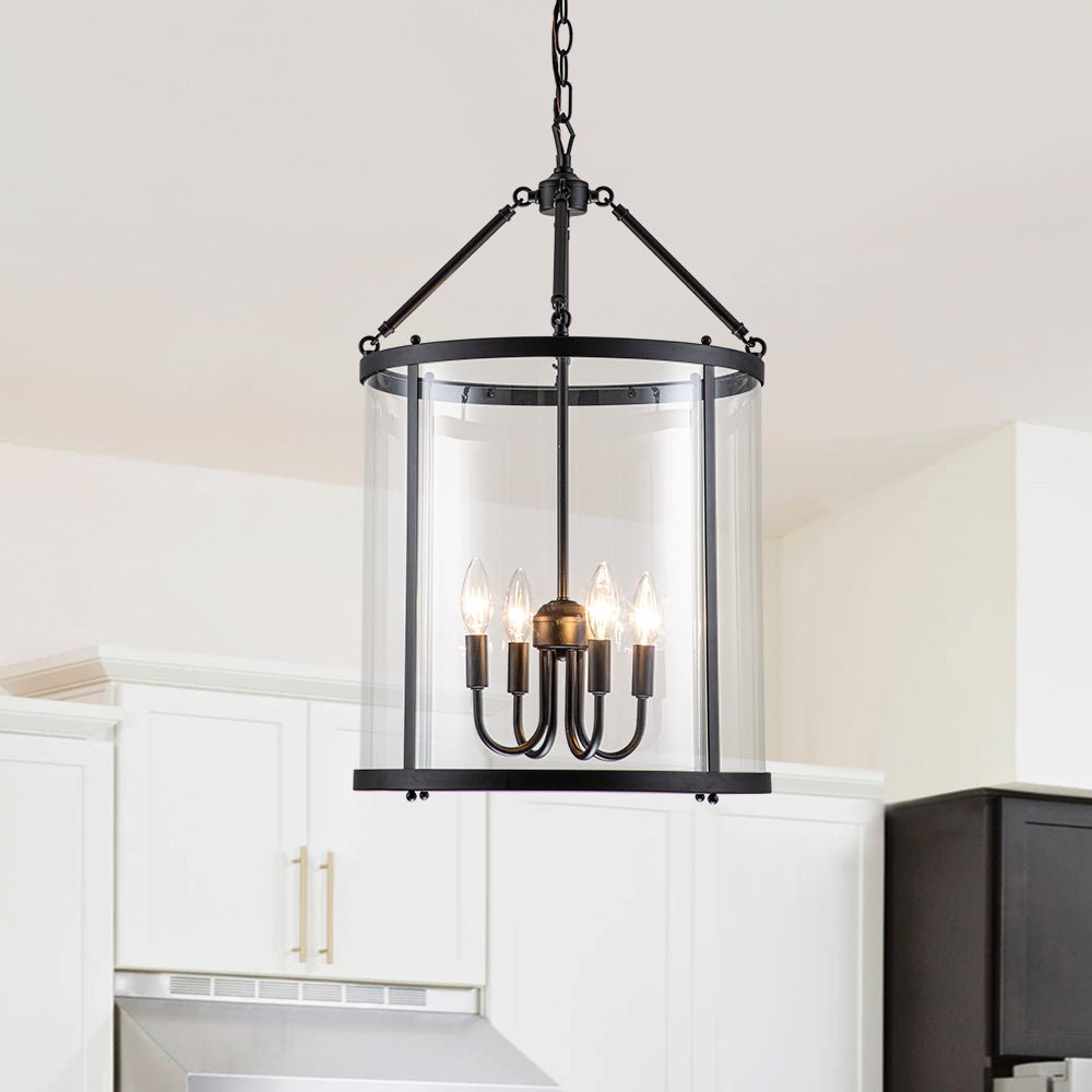 Glass Lantern Pendant Light 18-Inch Cylinder 4-Bulb Fixture Adjustable Chain Dining Table Kitchen Island Foyer Hanging Lamp E14 Socket Dimma