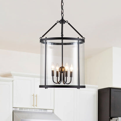 Glass Lantern Pendant Light 18-Inch Cylinder 4-Bulb Fixture Adjustable Chain Dining Table Kitchen Island Foyer Hanging Lamp E14 Socket Dimma
