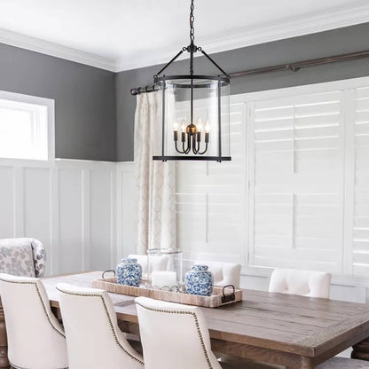 Glass Lantern Pendant Light 18-Inch Cylinder 4-Bulb Fixture Adjustable Chain Dining Table Kitchen Island Foyer Hanging Lamp E14 Socket Dimma