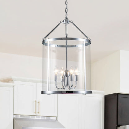 Glass Lantern Pendant Light 18-Inch Cylinder 4-Bulb Fixture Adjustable Chain Dining Table Kitchen Island Foyer Hanging Lamp E14 Socket Dimma