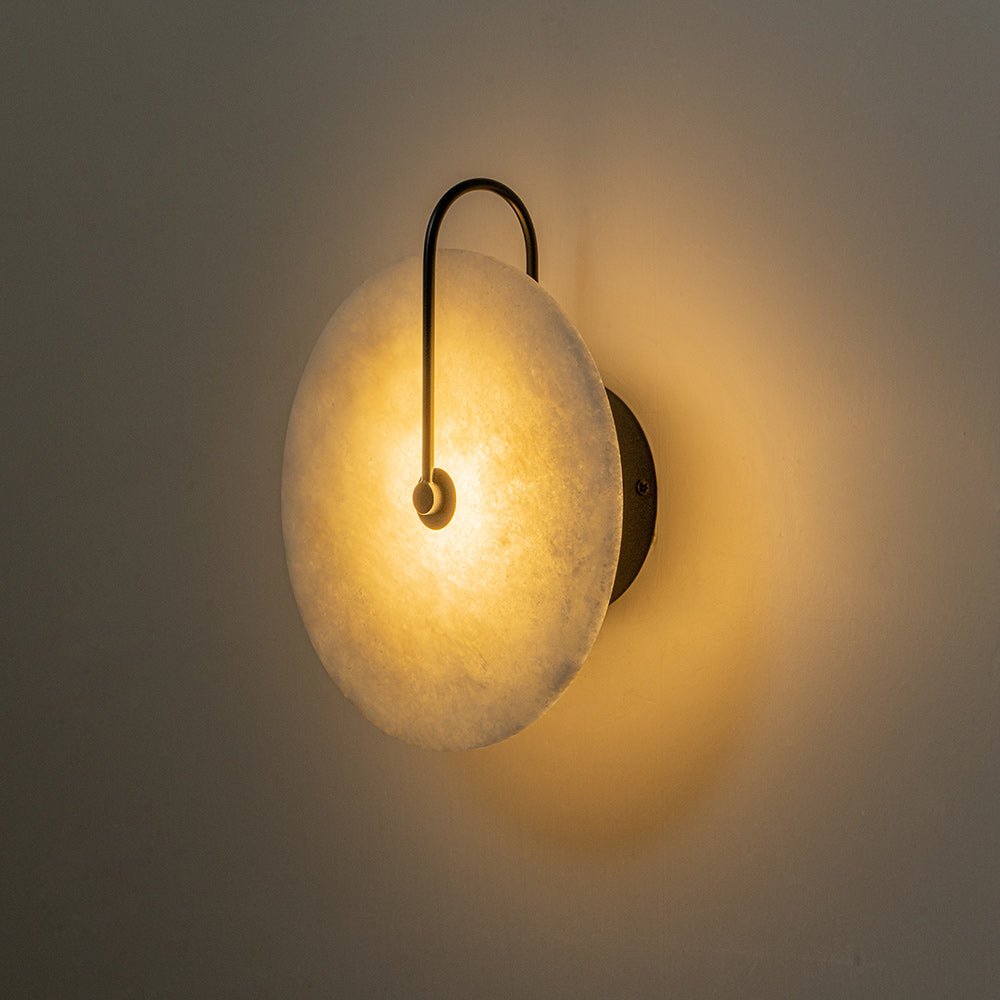 Modern Sconce Light with Circular Marble-Look Shade 5W LED Black & White for Bedrooms Hallways Living Rooms Mid-Century Accent Lighting