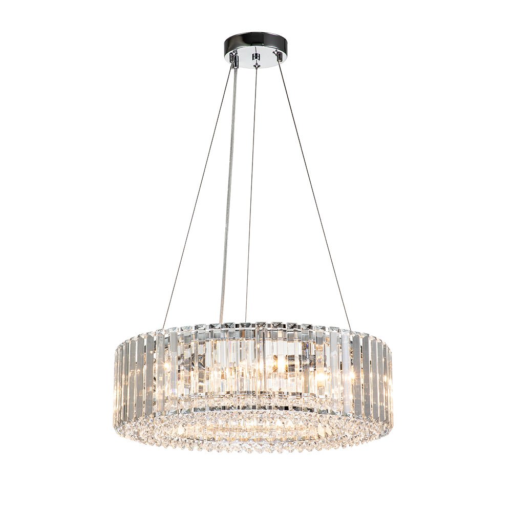 Round Chrome Fixture with Faceted Accents 20-Inch 6-Socket Adjustable Hanging Lamp for Foyer Dining Living Room Kitchen