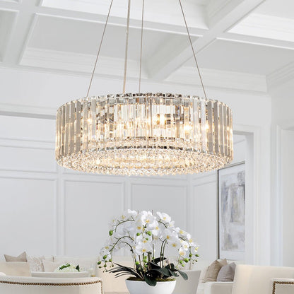 Round Chrome Fixture with Faceted Accents 20-Inch 6-Socket Adjustable Hanging Lamp for Foyer Dining Living Room Kitchen