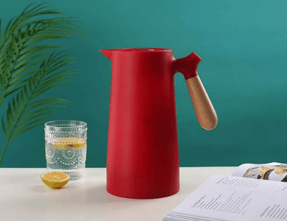 Insulated Glass Carafe with Wood Handle for Coffee Tea Water 34 oz Hot Cold Beverage Pitcher Vacuum Flask